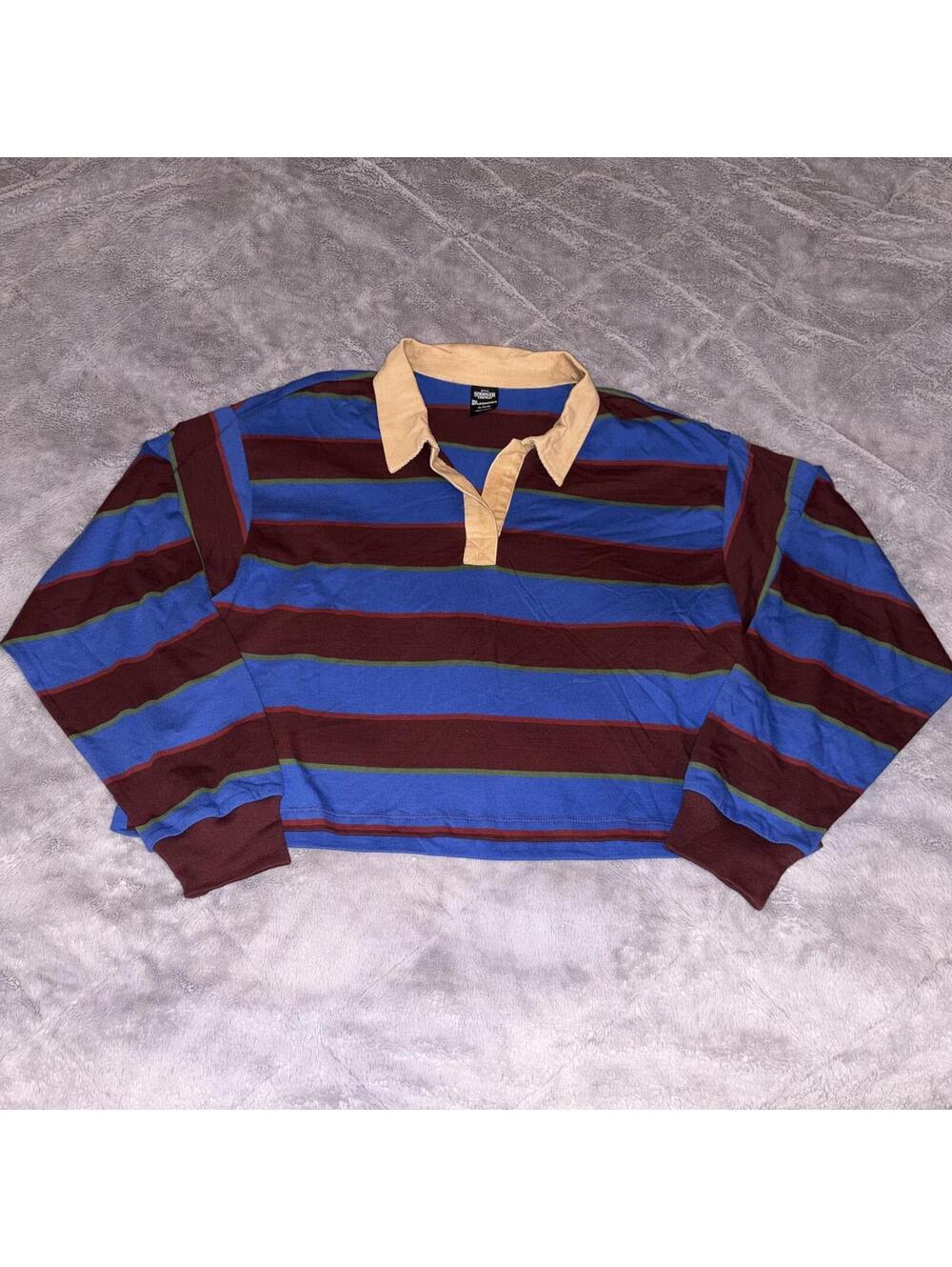 Stranger Things Striped Cropped Long Sleeve Polo Blue Burgundy Tan XL Patches
